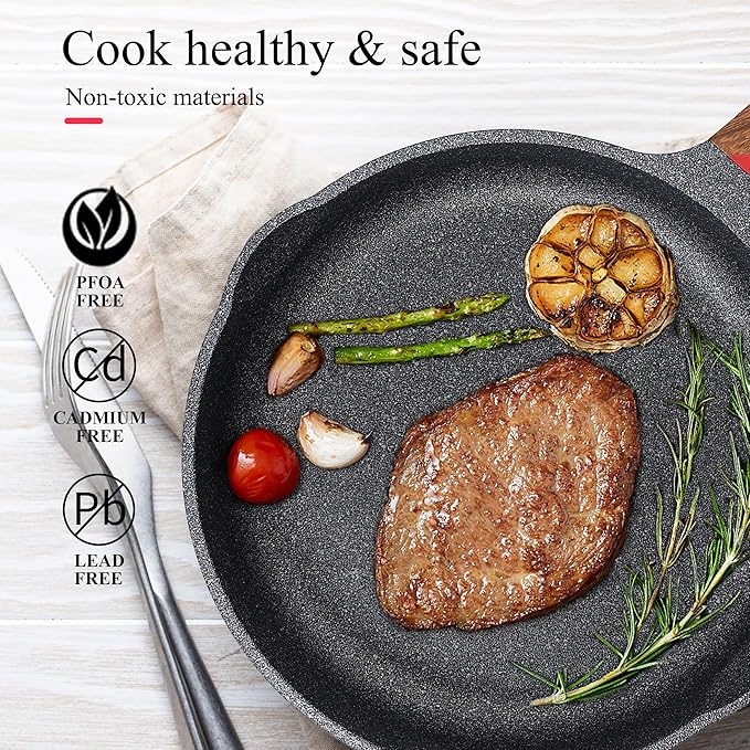 Vinchef Nonstick Frying Pan Anti Scratch,11 Inch Skillet Cast Aluminum Cookware with Wooden Stay Cool Handle, Induction Compatible