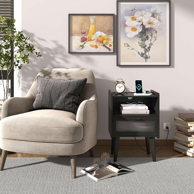 Nightstand with Charging Station, Bedside Tables Set of 2, End Table Side Table with 2 Tiers Storage Space, for Bedroom, Living Room, Black MLBZ07BEV-2