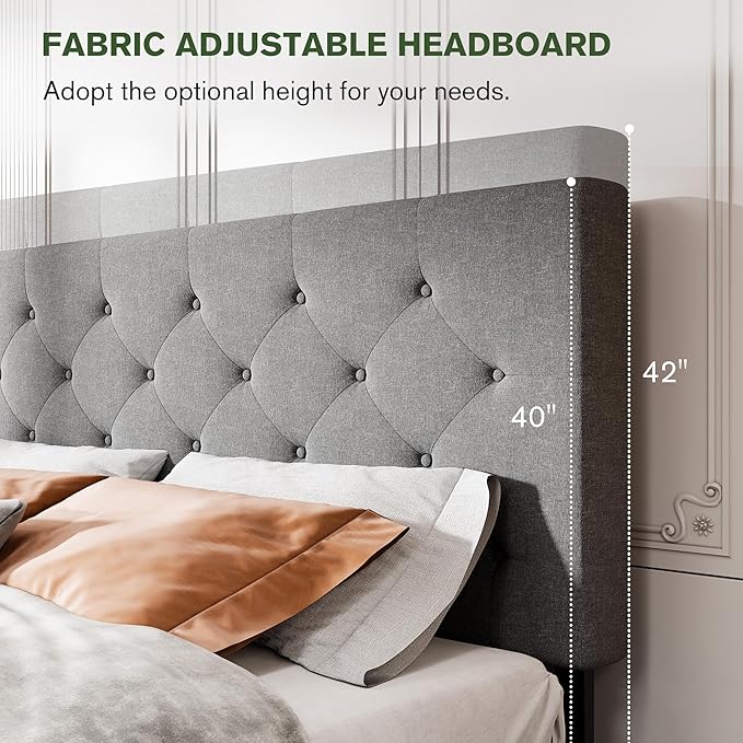 MUTICOR King Size Bed Frame with 4 Storage Drawers, Upholstered Platform Bed with Button Tufted Adjustable Headboard, No Box Spring Needed, Easy Assembly, Diamond Tufted, Light Grey Fabric