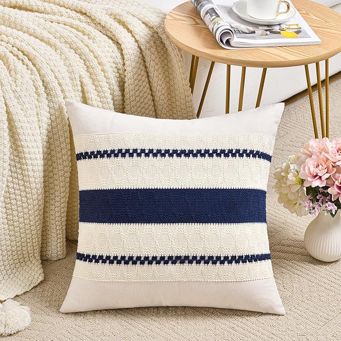 Fancy Homi Set of 2 Navy Blue Decorative Throw Pillow Covers 18x18 Inch for Couch Bed Sofa Living Room Office, Aesthetic Modern Organic Farmhouse Home Decor, Soft Cotton Woven Textured Cushion Case