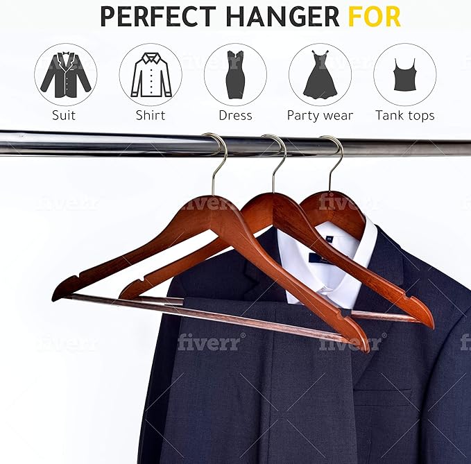 Quality Wooden Hangers - Slightly Curved Hanger 90 Pack Sets - Solid Wood Coat Hangers with Stylish Chrome Hooks - Heavy-Duty Clothes, Jacket, Shirt, Pants, Suit Hangers (Walnut - Gold Hook, 90)