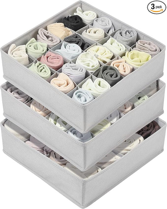 Vtopmart 3 Pack 24+24+16 Cells Socks Drawer Organizers Set, 64 Cells Clothes Drawer Dividers Dresser Organizers Bins, Scarves, Ties, Non-Woven Fabric Storage Boxes for Closet, Nursery