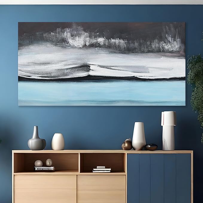 Abstract Wall Art Black White and Blue Canvas Art Wall Decor Modern Art Wall Decor Painting Framed Artwork Abstract Canvas Wall Art for Living Room Bedroom Office 24"x48"