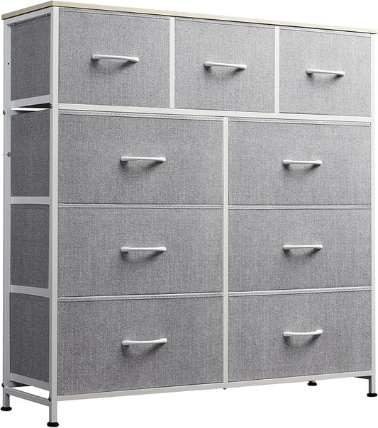 WLIVE 9-Drawer Dresser, Fabric Storage Tower for Bedroom, Hallway, Entryway, Closet, Tall Chest Organizer Unit with Fabric Bins, Steel Frame, Wood Top, Easy Pull Handle, Light Grey