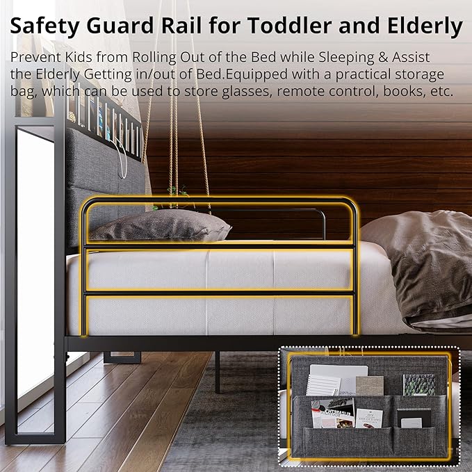 LIKIMIO Queen Bed Frame with Guardrail & Bedside Caddy, Multifunctional Headboard with Charging Station, Durable Metal Platform Bed, Noise-Free, No Box Spring Needed, Black