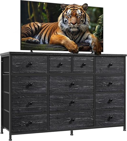 Black Dresser with 13 Fabric Dresser，Tv Stand for Bedroom for 40,50,55 inch Tv,Entertainment Center,Storage Drawers for Living Room, Hallway, Entryway 47.2" Wx 33" H X 11.8" D