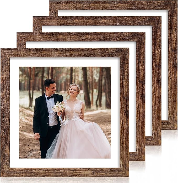 12x12 Picture Frame Set of 4 with Tempered Glass, Rustic Frame Display 10x10 Pictures with Mat or 12 x 12 Without Mat, Wood Square Photo Frames for Desktop Display and Wall Mount