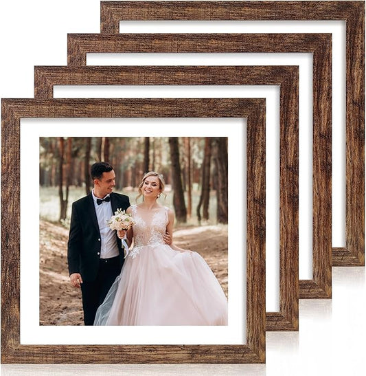 12x12 Picture Frame Set of 4 with Tempered Glass, Rustic Frame Display 10x10 Pictures with Mat or 12 x 12 Without Mat, Wood Square Photo Frames for Desktop Display and Wall Mount