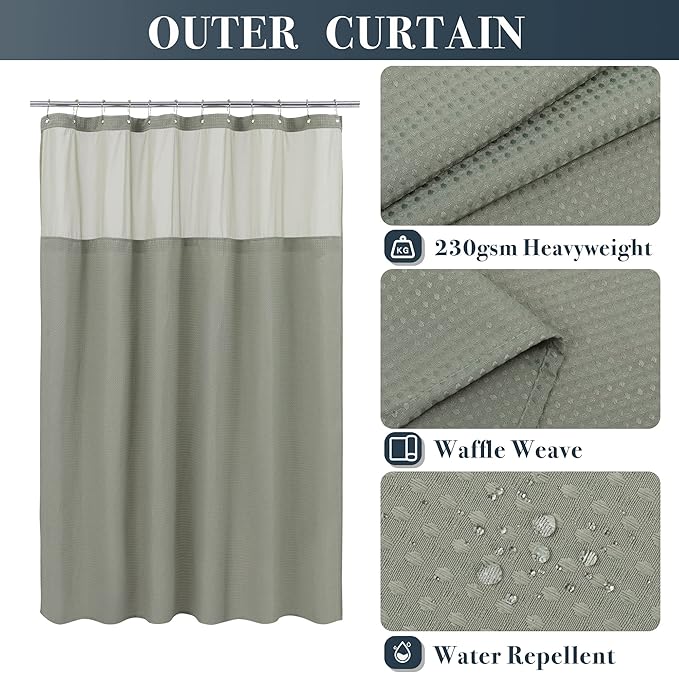 N&Y HOME Extra Long Waffle Weave Shower Curtain with Snap-in Fabric Liner & Hooks Set - 71" x 84", Hotel Style & Mesh Top Window, Machine Washable - 71x84 Inches, Sage Green