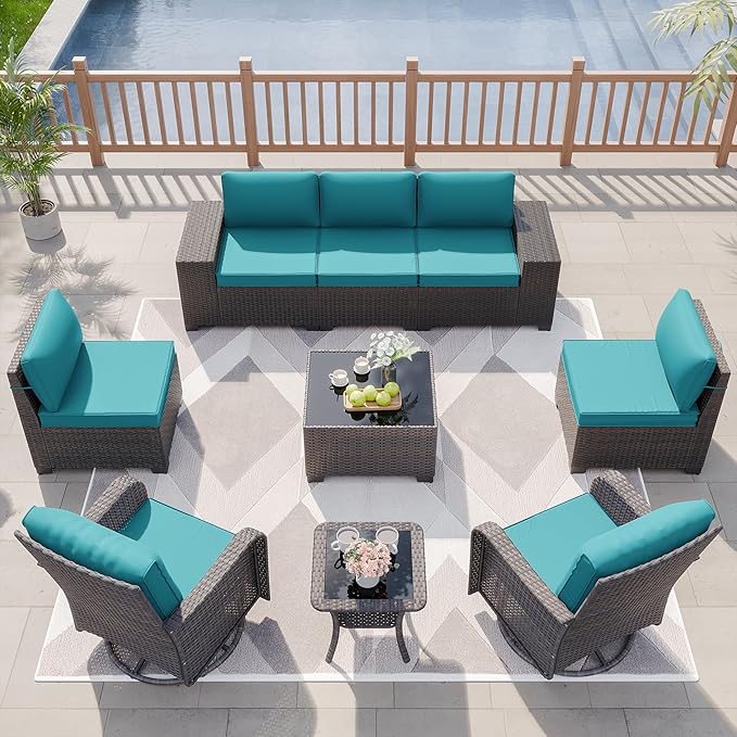Kurapika 9 Pieces Patio Furniture Set, Rattan Sofa Set, Outdoor Conversation Sets w/Swivel Rocking Chairs Patio Sectional Sofa w/4 Inch Cushion, Blue