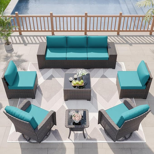 Kurapika 9 Pieces Patio Furniture Set, Rattan Sofa Set, Outdoor Conversation Sets w/Swivel Rocking Chairs Patio Sectional Sofa w/4 Inch Cushion, Blue