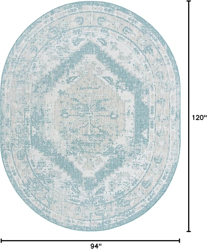Unique Loom Outdoor Traditional Collection Area Rug - Valeria (7' 10" x 10' Oval, Aqua/ Ivory)