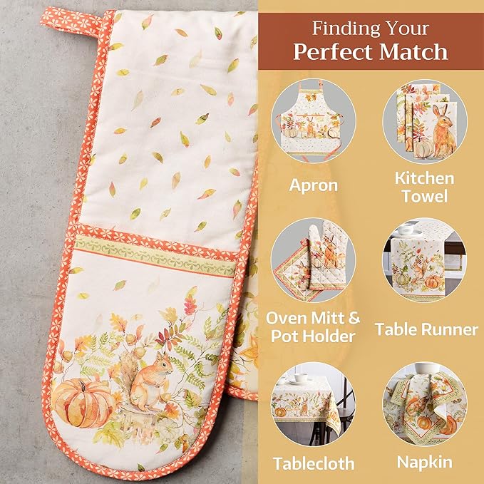 Maison d' Hermine Double Oven Mitt (7" x 35") 100% Cotton Heat Resistant BBQ Cooking Gloves with Loop for Thanksgiving Christmas Decorations Baking Cooking Barbeque Handling Hot Pan (Pumpkin Passion)