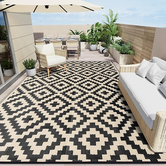 OLANLY Waterproof Outdoor Rug 8x10 ft, Outdoor Plastic Straw Rug for Camping, RV Mat Outside, Outdoor Carpet for Porch, Deck, Backyard, Balcony, Picnic, Black & Beige