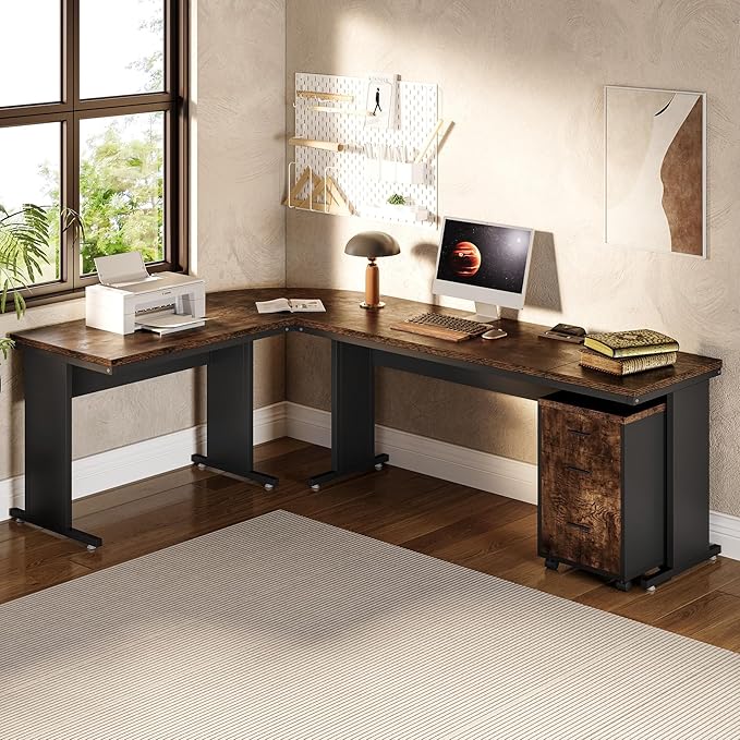 LITTLE TREE 83 Inch L-Shaped Office Desk with Drawers, Large Executive Office Desk with Storage, Wooden Computer Desk with File Cabinet, Modern Work Desk for Home Office, Brown