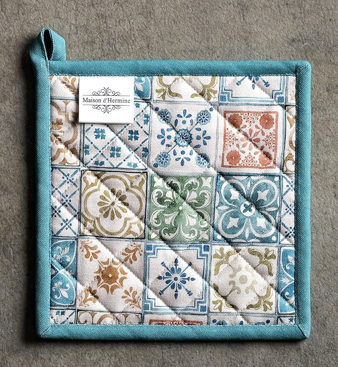 Maison d' Hermine Pot Holders 100% Cotton Heat Resistant Potholders 8" x 8" Hot Pads with Loop BBQ, Cooking, Baking, Grilling, Kitchen, Handling Hot Pans Spring/Summer (Pack of 1, Agrume)