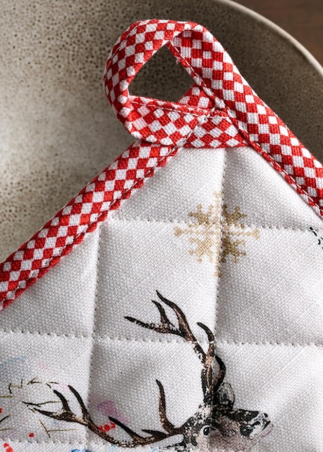 Maison d' Hermine Pot Holders 100% Cotton Heat Resistant Potholders 8" x 8" Hot Pads with Loop for Thanksgiving Christmas Decorations BBQ Cooking Baking Handling Hot Pans (Pack of 1, Rural Christmas)