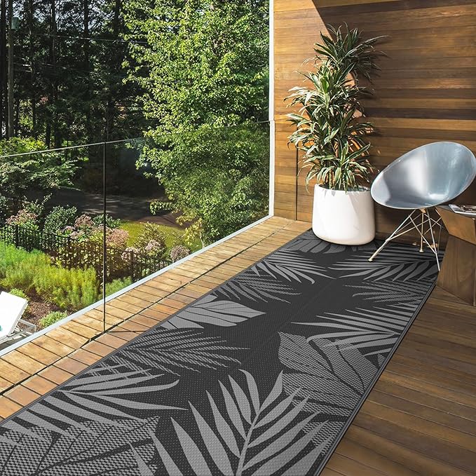 GENIMO Outdoor Rug 2.5' x 8' Waterproof for Patios Clearance, Reversible Outdoor Plastic Straw Camping Rug Carpet, Large Area Rugs Mats for RV, Camper, Deck, Balcony, Porch, Beach, Picnic, Black&Grey