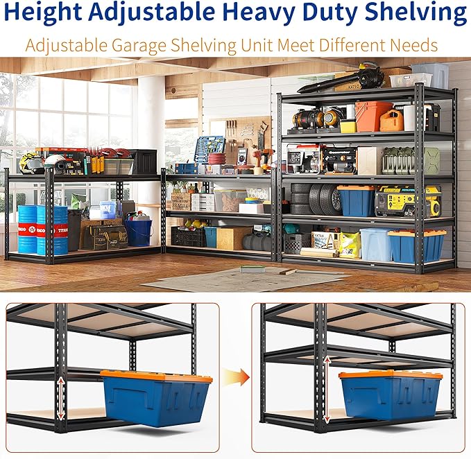 REIBII 48" W Garage Shelving Heavy Duty, 3000LBS Storage Shelves, 5-Tier Adjustable Metal Shelving, Garage Shelves Sturdy Industrial Shelf, Easy Assemble, 72" H x 48" W x 18" D