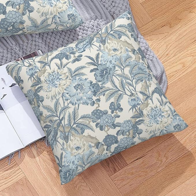 Blue Floral Spring Summer Rustic Flower Throw Pillow Covers 18x18 Inch Set of 2 Farmhouse Decorative Pillows Cover Vintage Country Cushion Case of Indoor Outdoor Sofa Living Room Bedroom