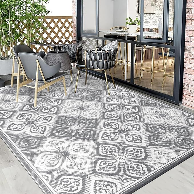 Pauwer Waterproof Outdoor Rug 8x10, Reversible Plastic Straw Patio Camping Rug, Indoor Outdoor RV Mat Carpet for Deck, Camper, Porch, Balcony, Backyard, Picnic, Clover Grey