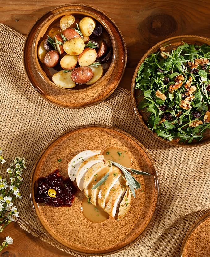 Bloomhouse Santorini Mist Double Bowl Terracotta Reactive Glaze Plates and Bowls Dinnerware Set - Amber, Service for Four (16pcs)