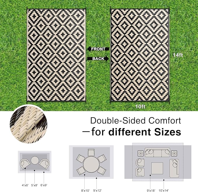 OLANLY Waterproof Outdoor Rug 10x14 ft, Outdoor Plastic Straw Rug for Camping, RV Mat Outside, Outdoor Carpet for Porch, Deck, Backyard, Balcony, Picnic, Black & Beige
