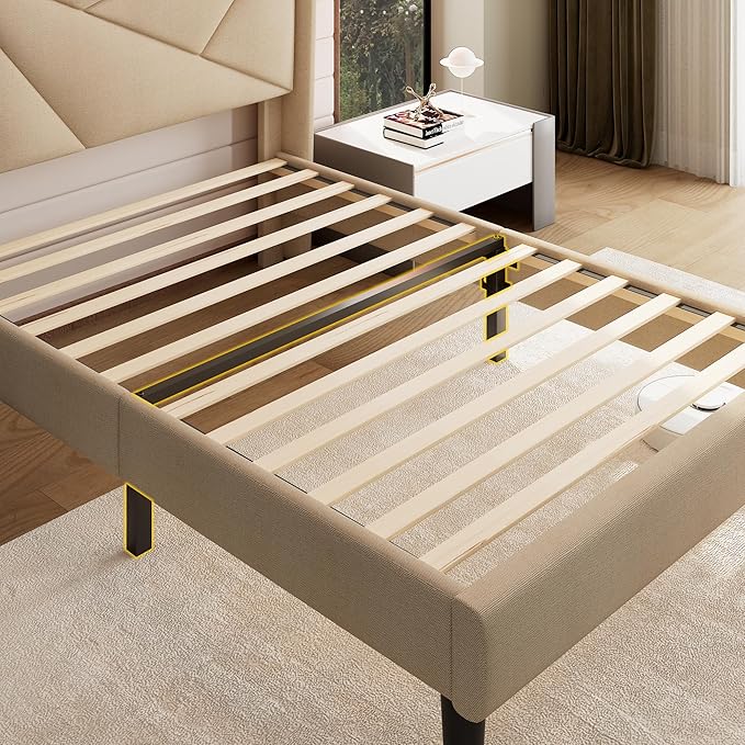 iPormis Twin Size Bed Frame with Charging Station, Linen Platform Bed Frame with Wingback Headboard Upholstered Bedframe, Solid Wood Slats Support, No Box Spring Needed, Easy Assembly, Beige