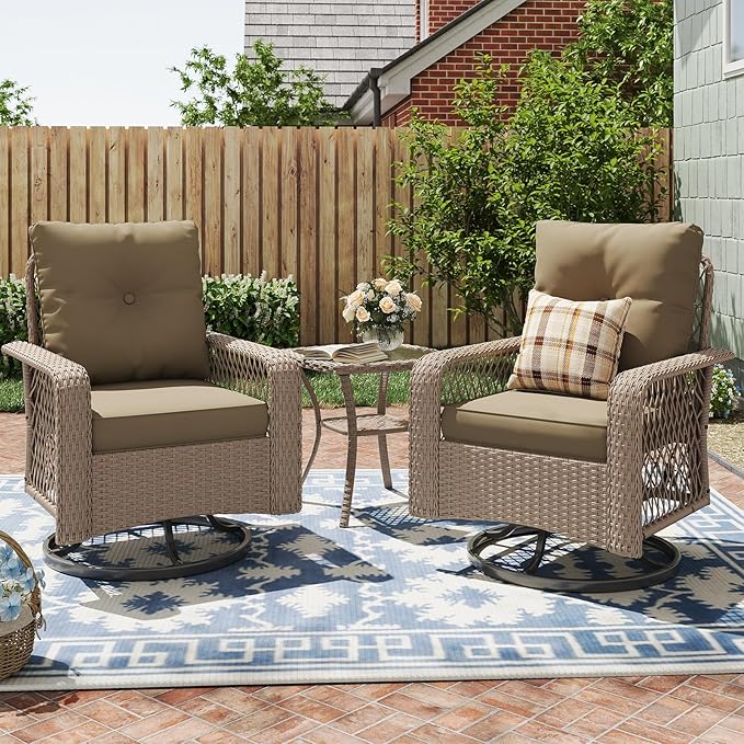 UDPATIO Patio Furniture Set 360 Swivel Chair 3 Piece Patio Set Wicker Outdoor Chair with Coffee Table for Yard, Bistro, Balcony