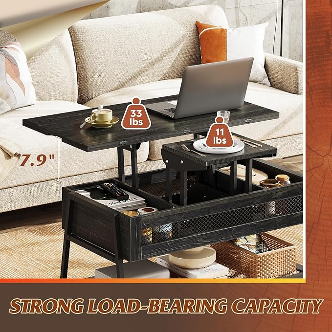 WLIVE Lift Top Coffee Table, 3 in 1 with Hidden Compartment, Multi-Function Coffee Table Converts to Dining Table for Living Room,Charcoal Black