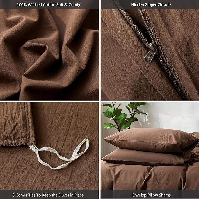 MooMee Bedding Duvet Cover Set 100% Washed Cotton Linen Like Textured Breathable Durable Soft Comfy (Solid Cocoa Brown, Cal King 104"x98")