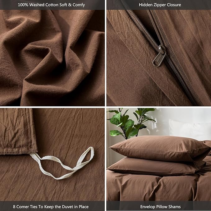 MooMee Bedding Duvet Cover Set 100% Washed Cotton Linen Like Textured Breathable Durable Soft Comfy (Solid Cocoa Brown, Super King 108"x98")