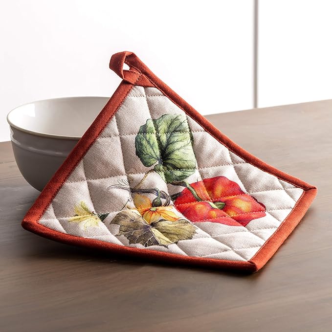 Maison d' Hermine 100% Cotton Oven Mitt & Pot Holder Set (7.5"x13" & 8"x8") Heat Resistant BBQ Cooking Gloves with Loop for Thanksgiving Christmas Decorations Handling Hot Pans (Potiron)