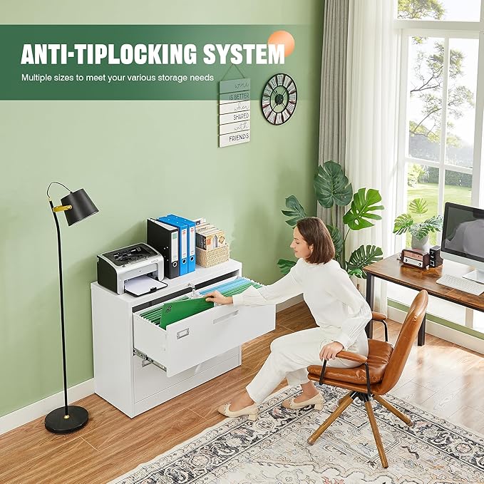 Letaya 2 Drawer Metal Filing Organization Office Cabinets with Lock,Lateral File Cabinets for Home Office Hanging Files Letter/Legal/F4/A4 Size (2 Drawer-White)