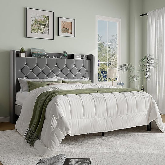 SHA CERLIN Full Size Platform Bed Frame with Charging Station, Velvet Wingback Headboard with Storage Shelf, Wooden Slats Support, Ample Under-Bed Space, No Box Spring Needed, Easy Assembly, Grey