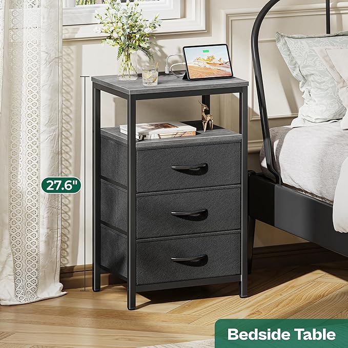 Huuger Nightstand with Charging Station, 27.6 Inch End Table Bedside Table with USB Ports and Outlets, Fabric Drawers, Night Stand for Bedroom, Charcoal Gray
