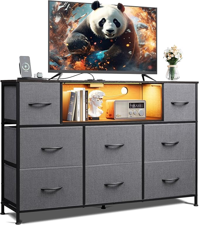 WLIVE Grey TV Stand for 45, 50, 55 inch TV, Entertainment Center with LED Lights & Charging Station, TV Media Console Table with 8 Fabric Drawers and Open Storage Shelves for Living Room, Hallway