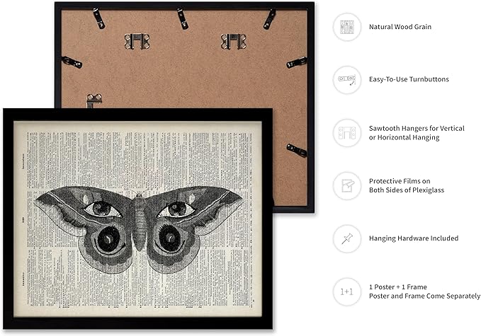 Poster Master Dictionary Art Poster - Butterfly Print - Eyes on Wings Art - Insect Art - Gift for Men, Women & Animal Lover - Gothic Decor for Living Room, Bedroom or Dorm, 8x10 Black Framed