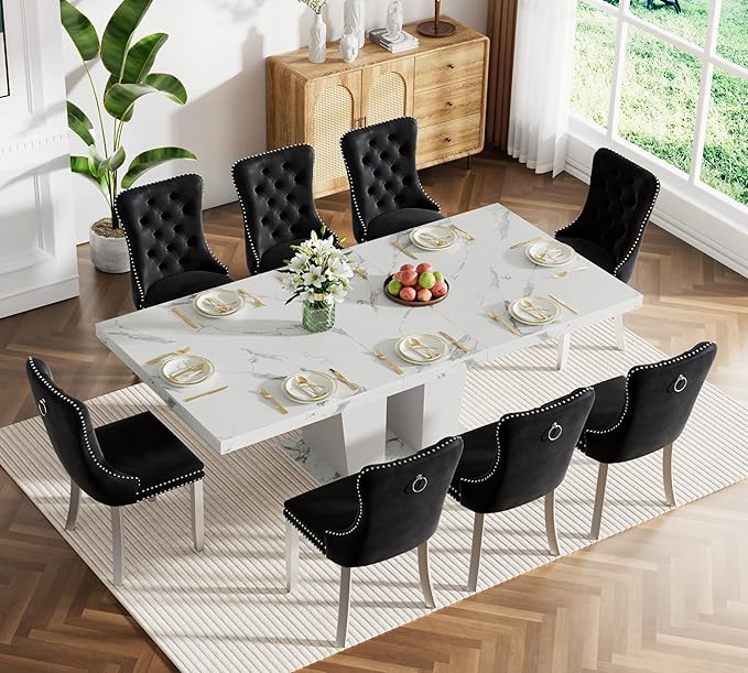 Goujxcy 9-Piece Extendable Dining Table Set for 8, 63-78 Inch Faux Marble Kitchen Table Set with 8 Black Upholstered Chairs Modern Expandable White Marble Dining Room Table Set for Kitchen Apartment