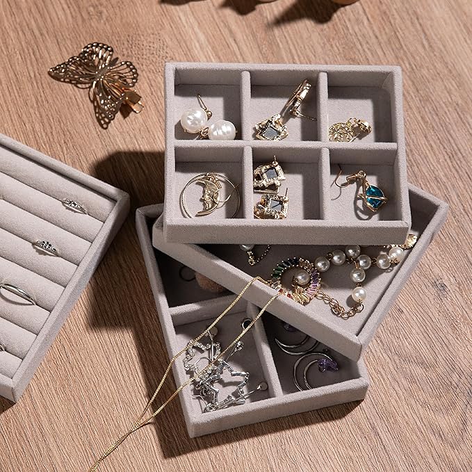 Frebeauty Small Jewelry Tray Set,Stackable Velvet Jewelry Organizer Tray,Mini Jewelry Drawer Organizer,Drawer Inserts,4.92 x 3.74 x 0.9 Inches,4 Grid Earring Organizer for Women(Set 2,Beige)