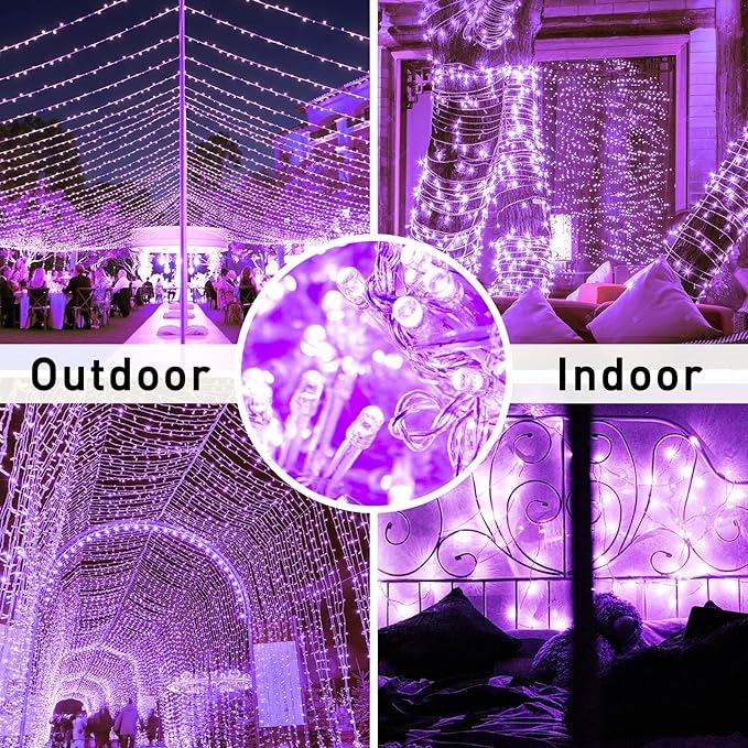 JMEXSUSS 91.5ft 250 LED Purple String Lights Indoor, Connectable 8 Modes Purple Christmas Lights Outdoor Waterproof, Plug-in Clear Wire Fairy String Light for Christmas Bedroom Party Tree Decorations