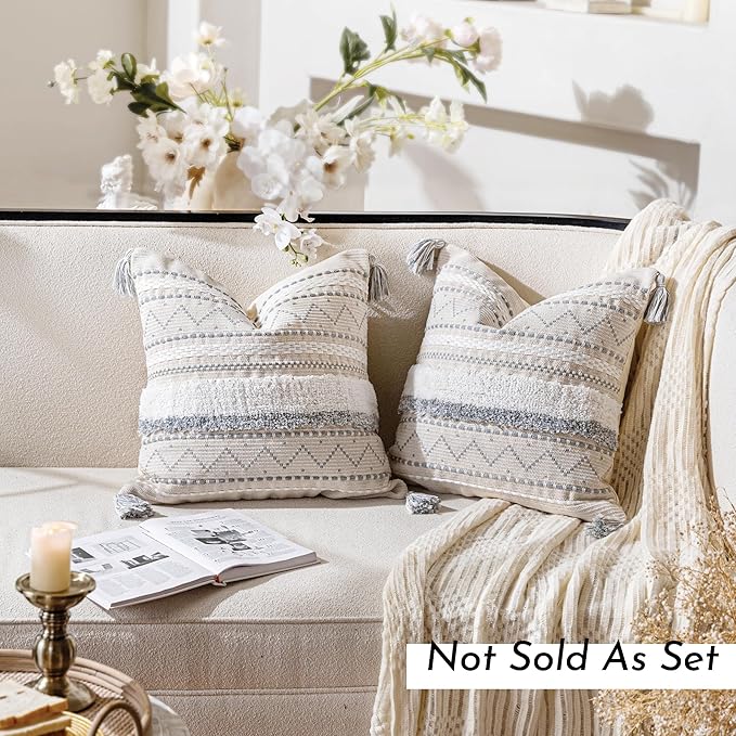 Gray Decorative Throw Pillow Cover 18x18 Square Boho Neutral White Accent Pillowcase Tassels Farmhouse Cushion for Couch Sofa Bedroom Living Room Home Décor (Cover ONLY, Pack of 1)