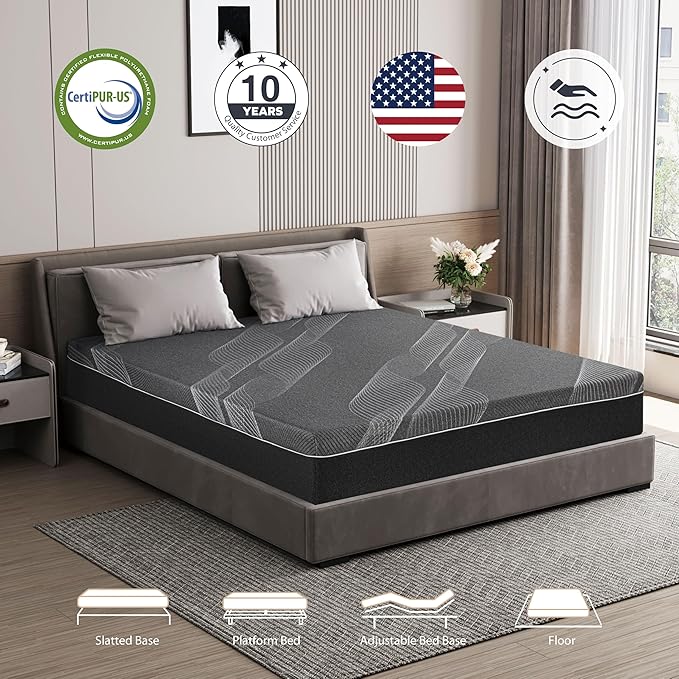 Twin XL Mattress 10 Inch Charcoal Gel Memory Foam in a Box, CertiPUR-US Certified Fiberglass Free, Cooling Mattress, Made in The USA of US Foam, 80" × 38" × 10", Medium