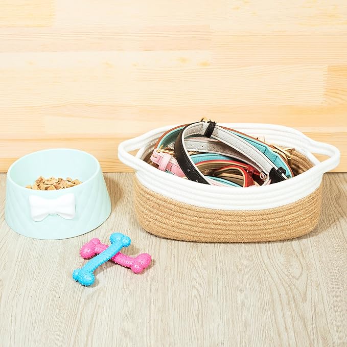 MINTWOOD Design 5-Piece Small Decorative Woven Storage Baskets Set for Shelves, Bathroom, Pantry and Nightstand Organizer, Catch All Tray with Handles for Organizing Gifts, Dog and Cat Toys, Jute