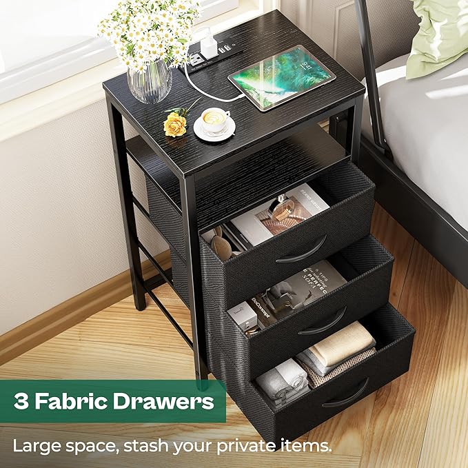 Huuger Nightstands Set of 2, 27.6 Inch End Tables with Charging Station, Bed Side Tables with Fabric Drawers, USB Port and Outlet, Night Stands for Bedroom, Black