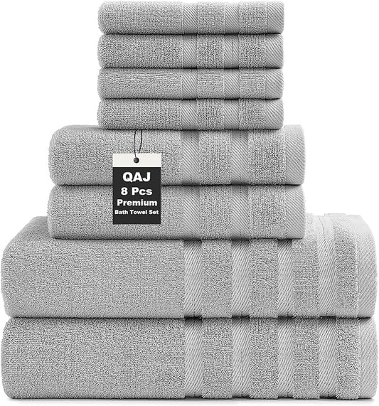 8-Piece Bath Towels Set, 100% Cotton Thick Soft Highly Absorbent Durable, Quick Dry, Bathroom Towels Set (2 Bath Towels, 2 Hand Towels, 4 Washcloths) - Perfect for Daily Use