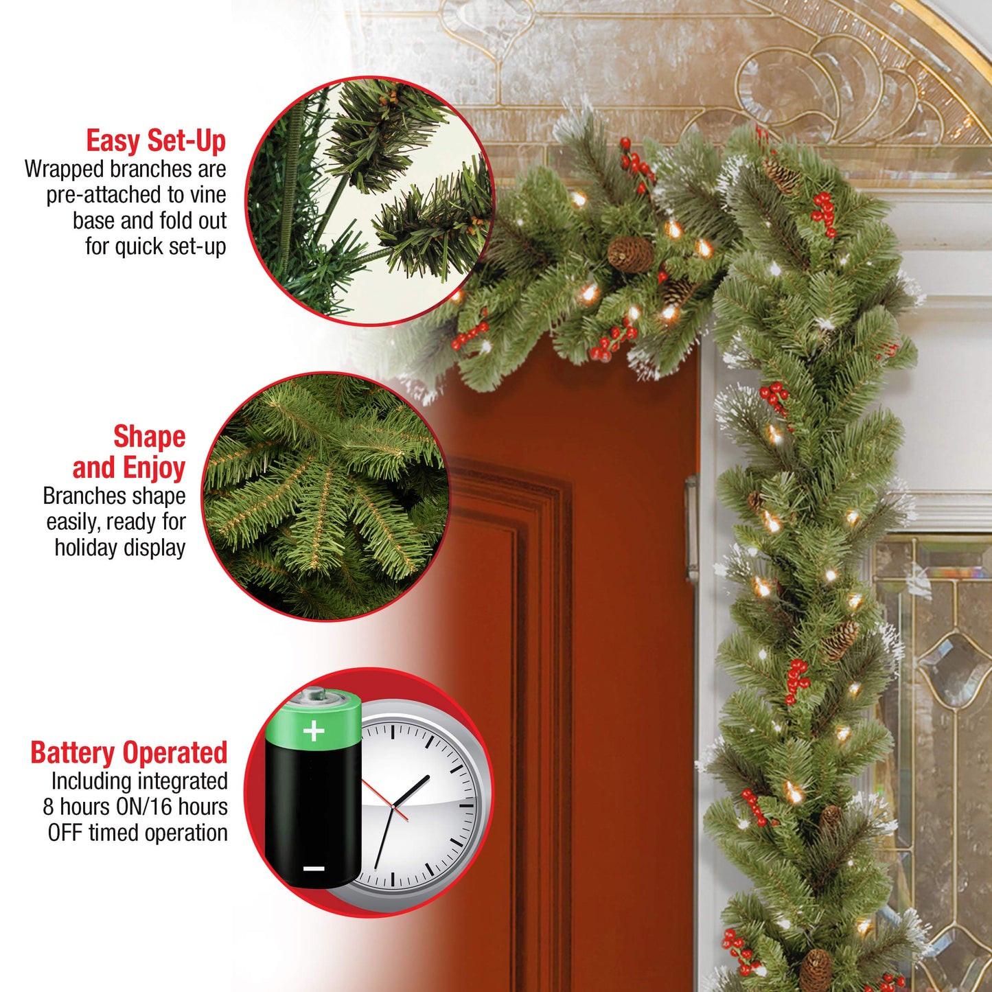 National Tree Company Pre-Lit Artificial Christmas Garland, Green, Crestwood Spruce, White Lights, Decorated with Glitter, Pinecones, Berry Clusters, Battery Operated, Christmas Collection, 9 Feet