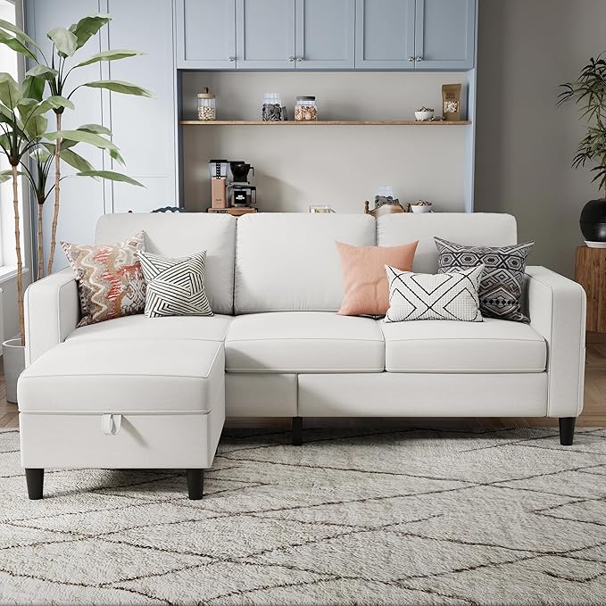 Sectional Sofa Couches for Living Room - Beige 3 Seat L-Shaped Couch with Storage Ottoman, Comfy Linen Convertible Sectionals Sofas with Chaise for Apartment, Office, Small Space