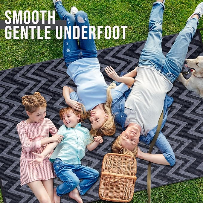 OLANLY Waterproof Outdoor Rug 8x10 ft Clearance, Reversible Outdoor Plastic Straw Rug, RV Mat, Indoor Outdoor Carpet for Patio, Camping, Balcony, Deck, Backyard, Black & Grey