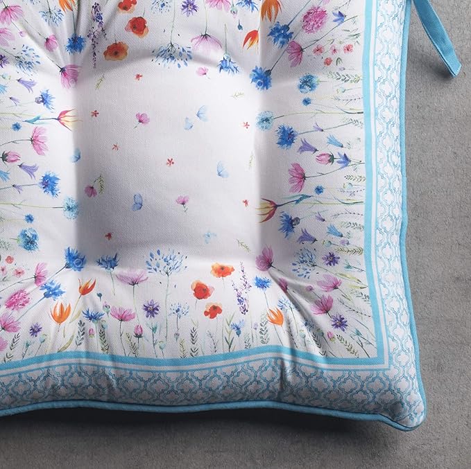 Maison d' Hermine Chair Pads for Dining Chairs Cotton Outer Fabric and Poly Filling 16"x16" Patio Seat Cushions for Furniture with Ties Home Chair Party Hall Farmhouse (Flower In The Field, Pack of 2)